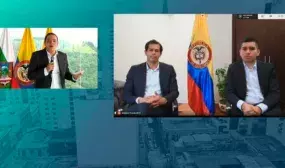 De izquierda a derecha: Carlos Mario Marín, alcalde de Manizales; Jose Luis Acero, viceministro de Agua; Jonathan Malagón, ministro de Vivienda; durante Fb Live PTAR Cámbulos.