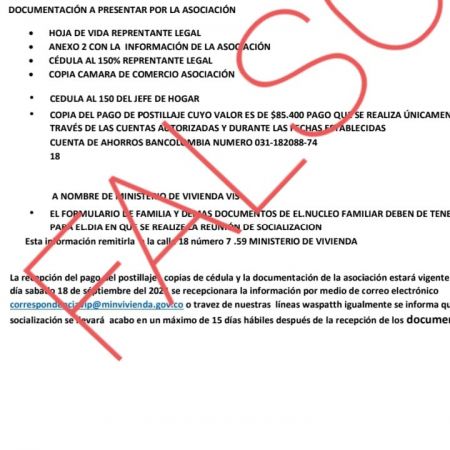 Documento falsificado para estafar a los interesados en aplicar a los subsidios de vivienda (MVCT)