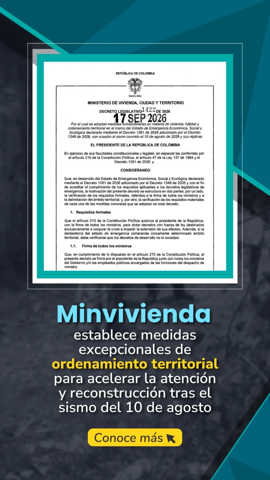 PIEZA GRAFICA COMUNICADO MINVIVIENDA ESTABLECE MEDIDAS EXCEPCIONALES DE ORDENAMIENTO PARA ACELERAR LA RECONSTRUCCION TRAS EL SISMO